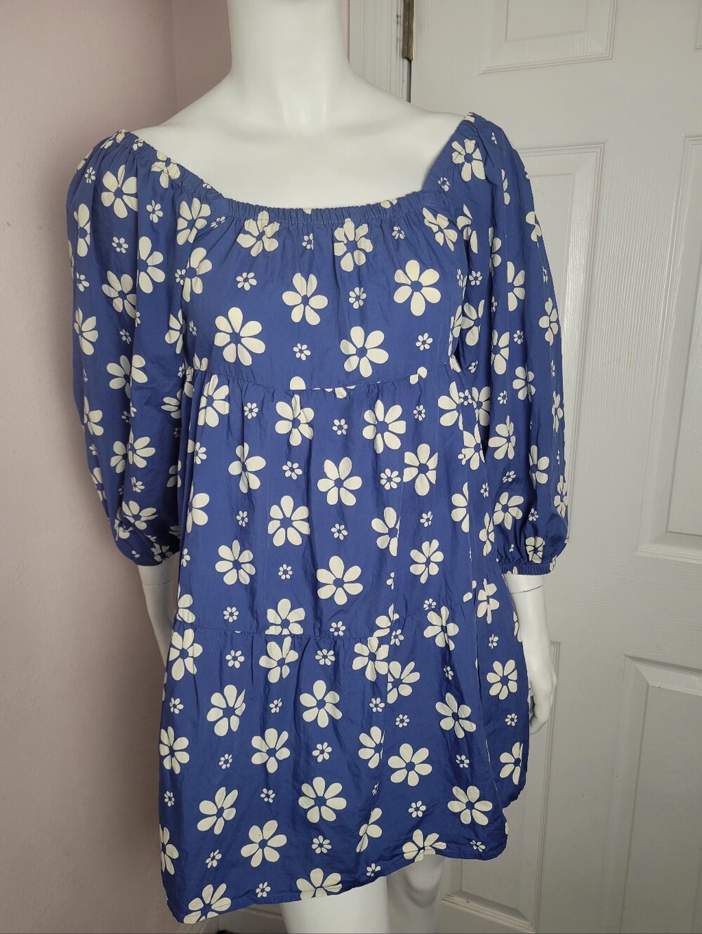 Billabong Blue Daisy Floral Puff Sleeve Mini Dress Size M Cotton Tiered Boho